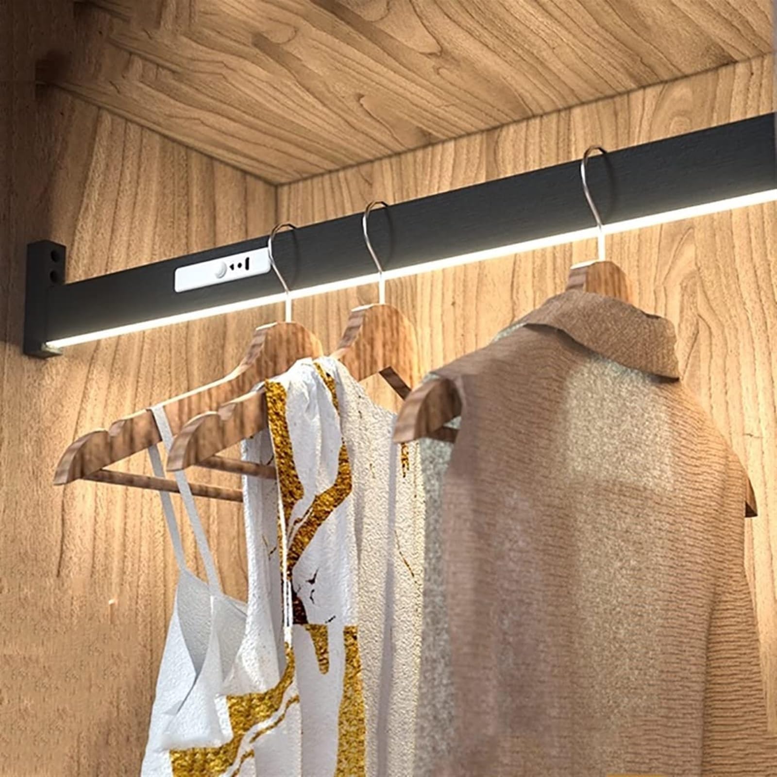 50-130cm Barra Per Armadio Per Carichi Pesanti, Gruccia In Metallo Con Carico Di 75 Kg, Asta Per Armadio Con Illuminazione A LED, Barra Per Armadio(Black,900mm)