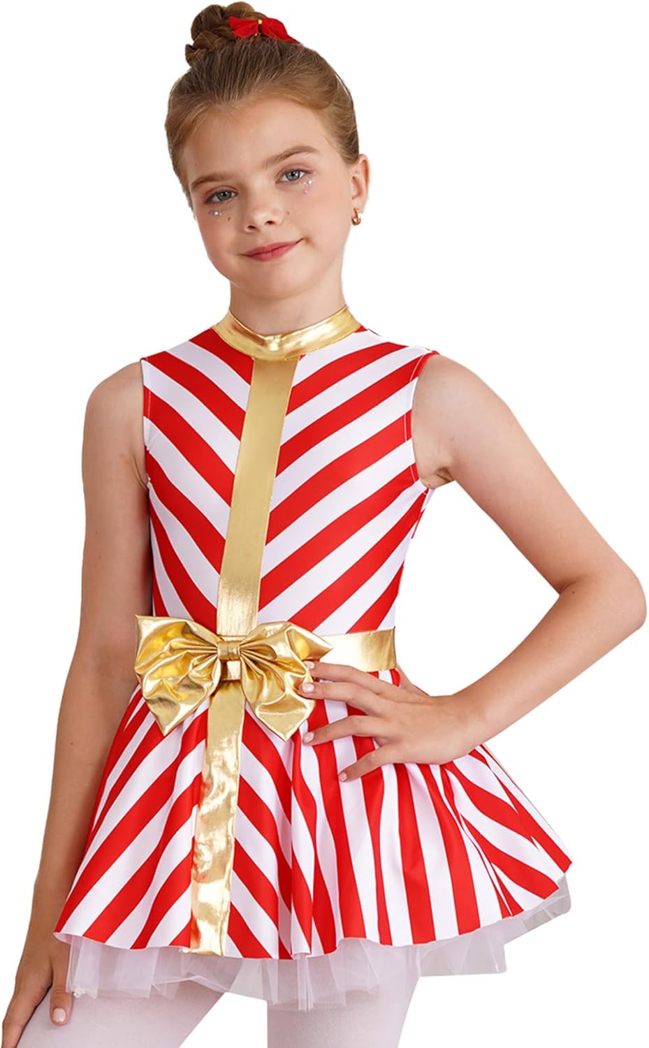 Kids Girls Sleeveless Bowknot Candy Cane Striped Christmas Dance Dress Tutu Skirt Ballet Leotard Dancewear