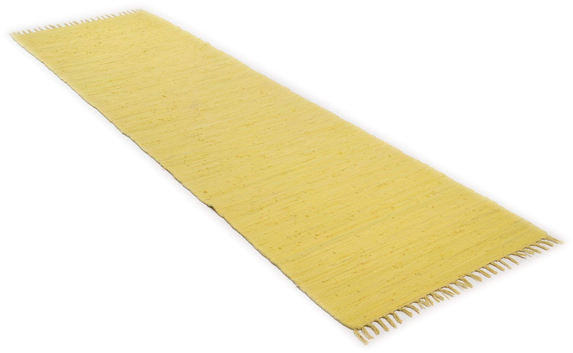 Theko | Dhurry Teppich aus 100% Baumwolle Flachgewebe Teppich Happy Cotton | handgewebt | Farbe: Gelb | 70x250 cm