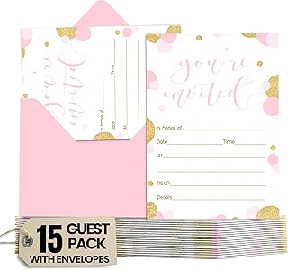 Pink and Gold Invitations with Envelopes (15 Pack) - Personalized Invites for Girls’ Baby Showers, Graduations, Birthdays,...