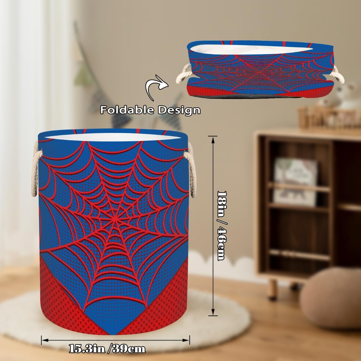 Blue Spider Web Laundry Hamper - 58L Collapsible Waterproof Large Tall Nursery Storage Baskets Bin for Kids Toys, Clothes, Bathroom, Boys Bedroom Comic Hero Decor, Gift Basket