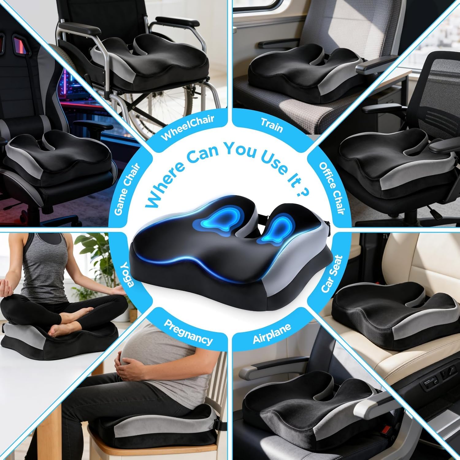 Cojín Silla Oficina para Aliviar Dolor de Coxis y Ciática, Cojín Ortopédico de Espuma Viscoelástica, Base Antideslizante, Soporte Ergonómico Cadera y Espalda para Oficina y Coche