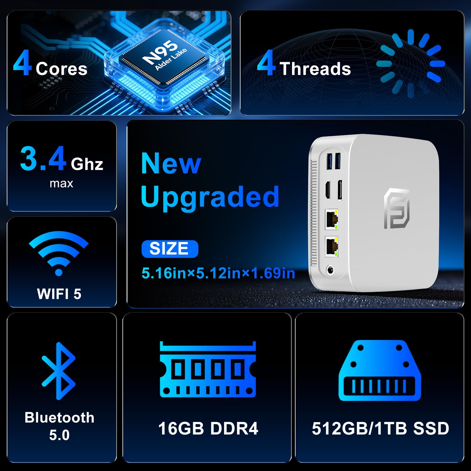 FUNYET Gaming Mini PC Win 11 Pro Laptop, N95(fino a 3.4Ghz, 15W) 16GB DDR4 RAM 1TB SSD Notebook, Desktop Computer 4K, HDMI+DP/RJ45/WIFI/BT/USB3.2, Bianco