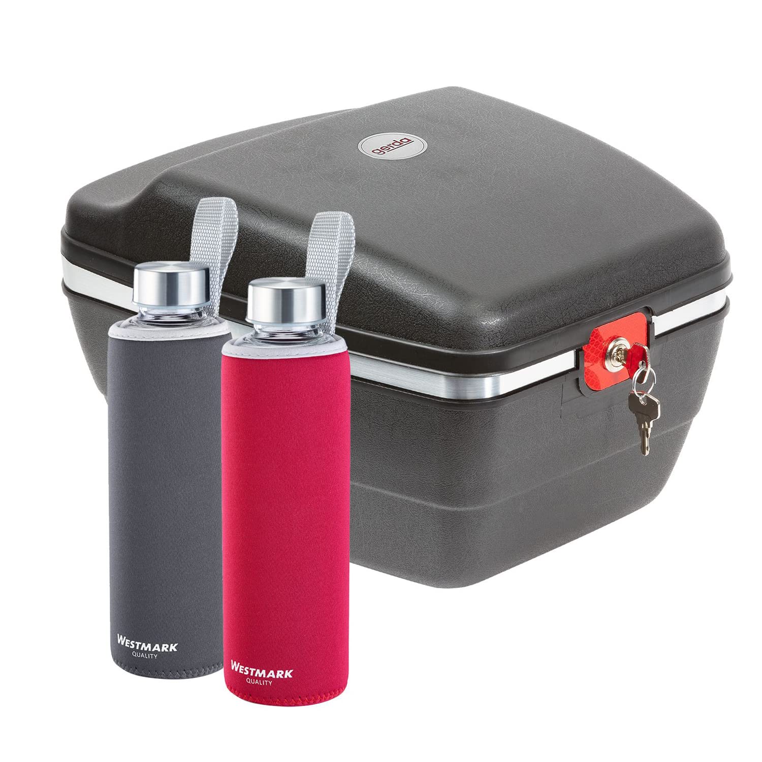 Westmark Set Vélo : 1 Coffre de Vélo pour tous les Porte-bagages + 2 Gourdes de 0,55 litre chacune, Plastique/verre/silicone/caoutchouc, Gerda Touring Tresor, Noir/rouge/anthracite, 5430GEE8