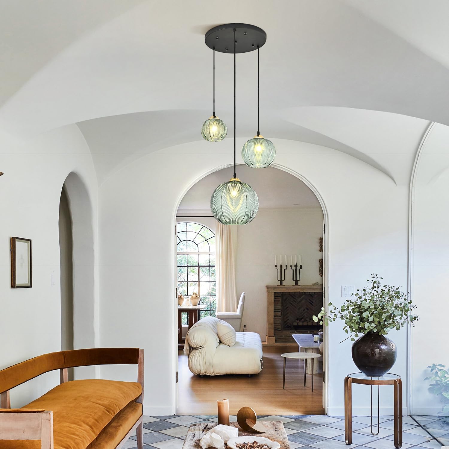 KCO Lighting Vintage Green Glass Chandelier 3 Light Pendant Light Fixtures Farmhouse Striped Glass Pendant Light Gold and Black Hanging Lights Multi Light Cluster Pendant Lighting