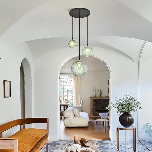 Miniatura 6 de KCO Iluminación vintage de cristal verde lámpara colgante 3 lámparas colgantes granja rayas vidrio colgante luz oro y negro luces colgantes multi