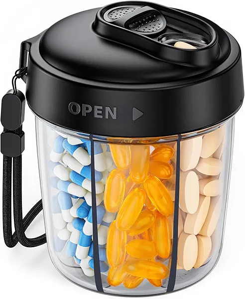 AUVON Large Pill Dispenser Can Store 7 Various Supplements, Travel Pill Organizer Bottle with Anti-Mix Design, Arthritis-friendly Pill Holder with Wide Opening & Slider Lid, Includes 20 Blank Stickers