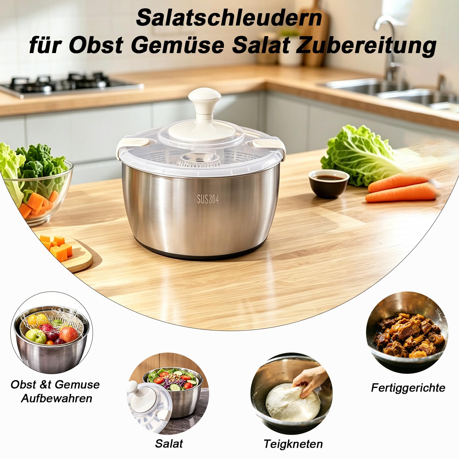 W&H Salatschleuder Edelstahl 5L,Salad Spinner mit Siebkorb und Drehdeckel,Spülmaschinengeeignet,BPA -frei Salatschleudern für Obst Gemüse Salat Zubereitung，Küchenhelfer Salatschleudern für Haushalt