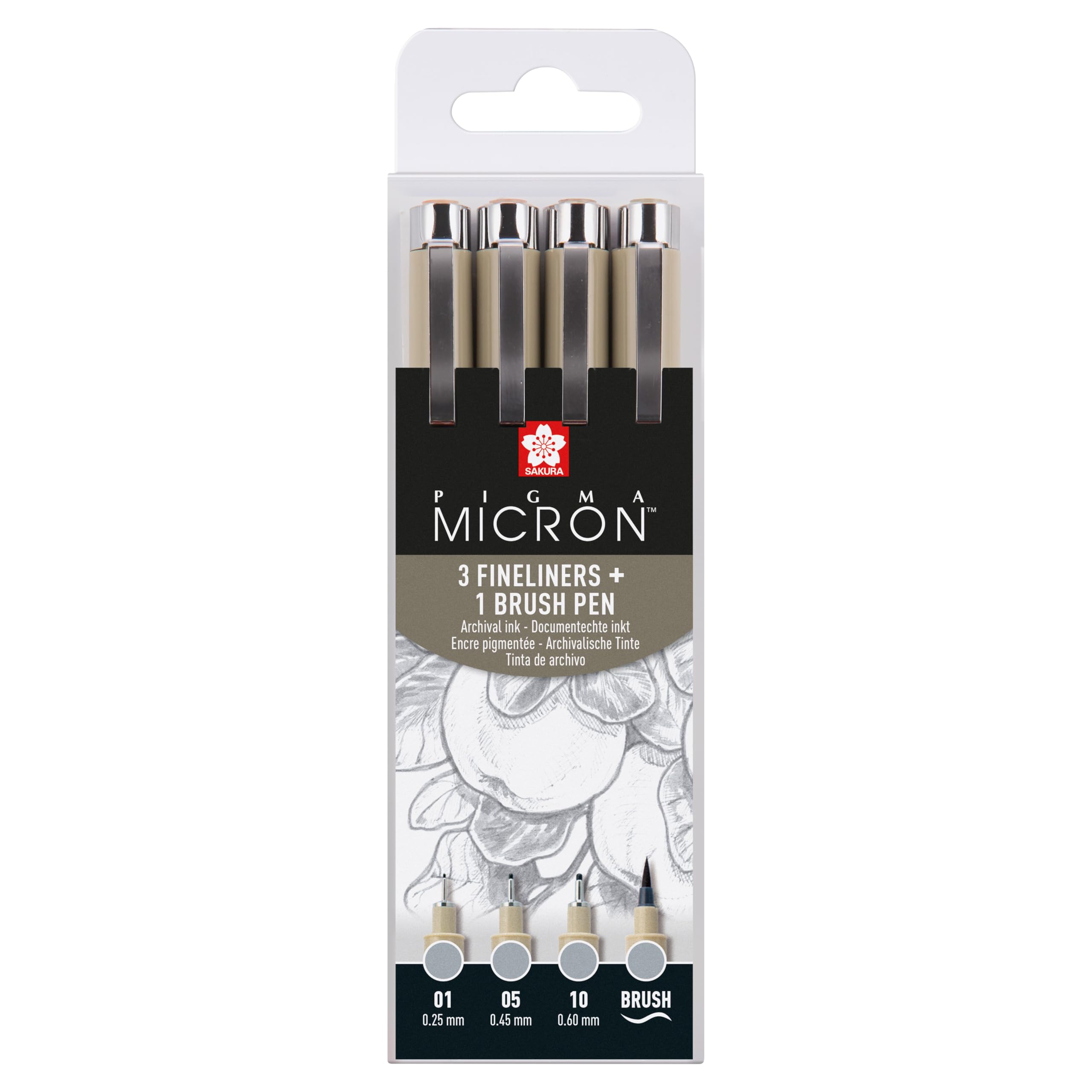 SAKURA Pigma Micron Fineliner Set – 4 Penne Grigio Chiaro (01/05/10 E Pennello) – Inchiostro Impermeabile E Asciugatura Rapida