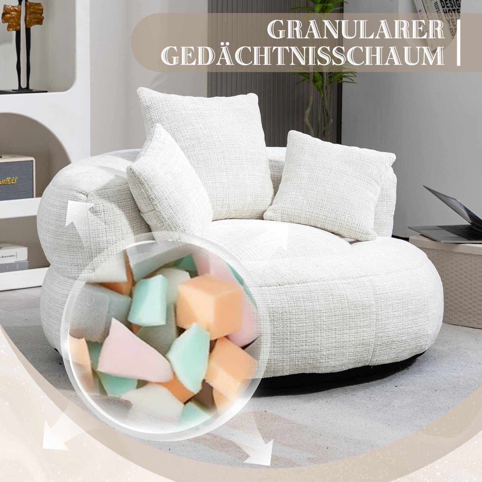 KOMHTOM Gros Pouf Canapé, Pouf Fauteuil Canapé pour Les Paresseux, avec 3 Coussins, sans Installation, Idéal pour Chambre, Salon ou cinéma Maison (Beige-Chenille)