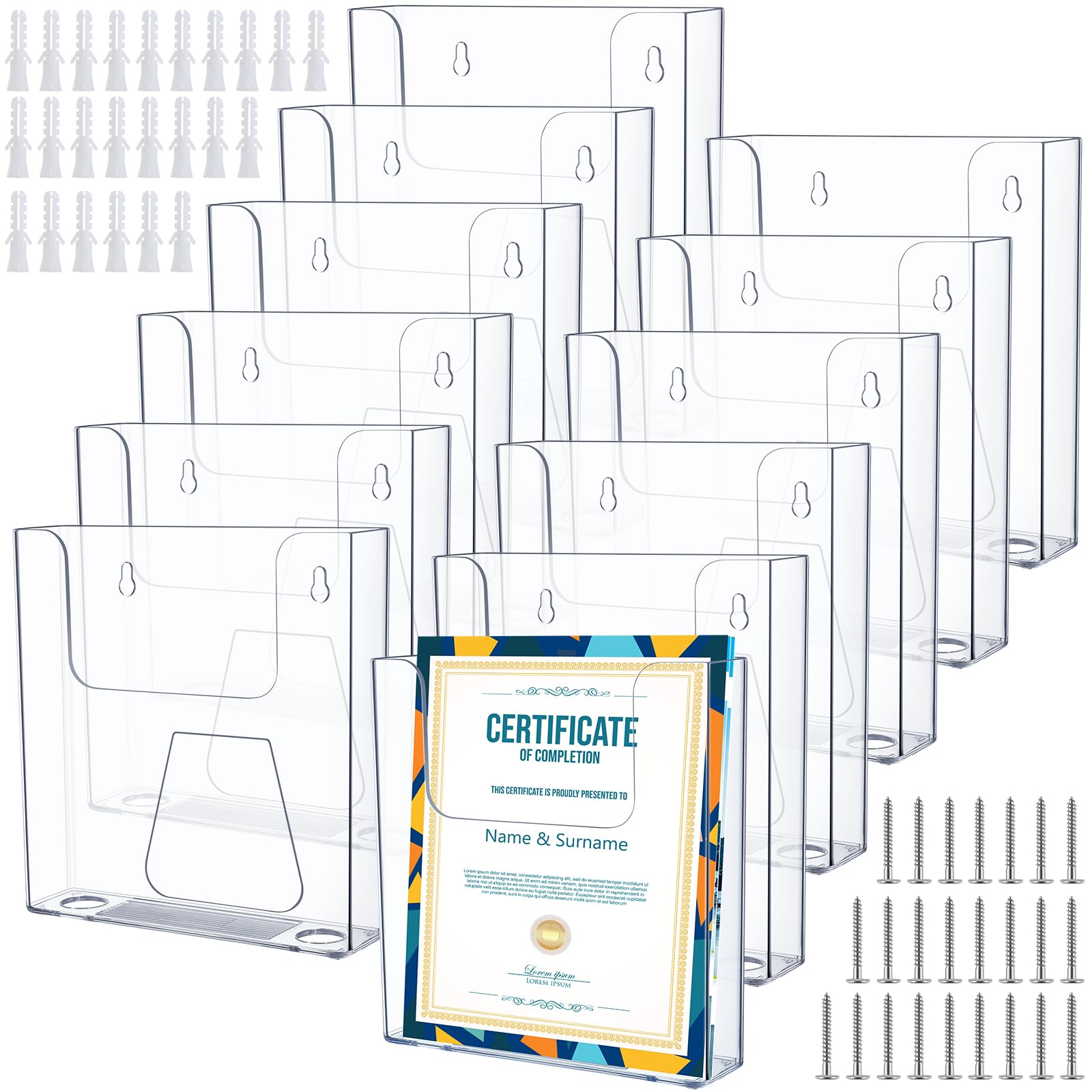 Wonderjune Paquete de 12 soportes para folletos de pared de 6 x 9 pulgadas, soporte de acrílico para folletos de literatura, soporte de exhibición de pared transparente para folletos, revistas,
