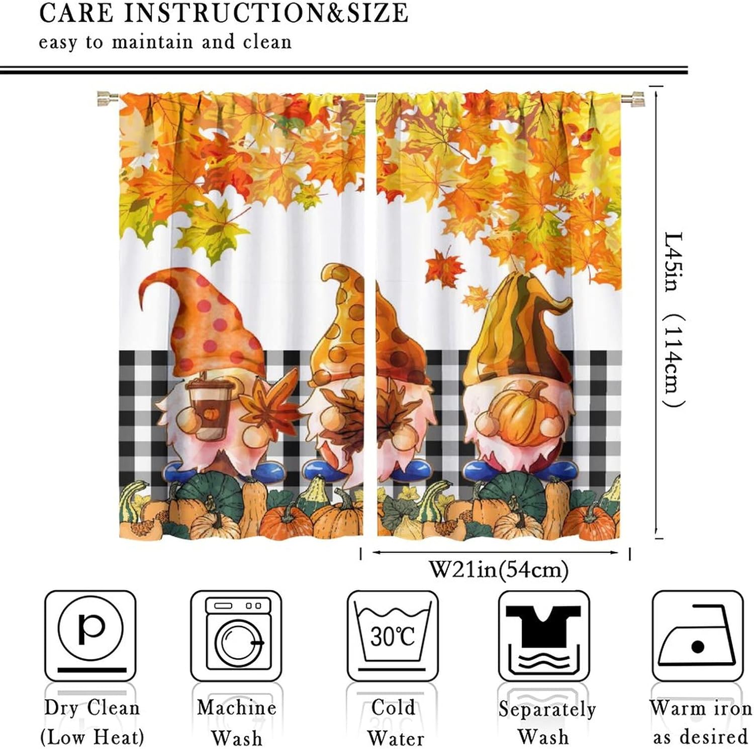 Rustic Happy Fall Pumpkin Floral Rod Pocket Blackout Curtains - Farmhouse Maple Leaf Autumn Black White Plaid Window Treatment,Thermal Insulated Room Darkening Curtains 2 Panels 45L x 21W
