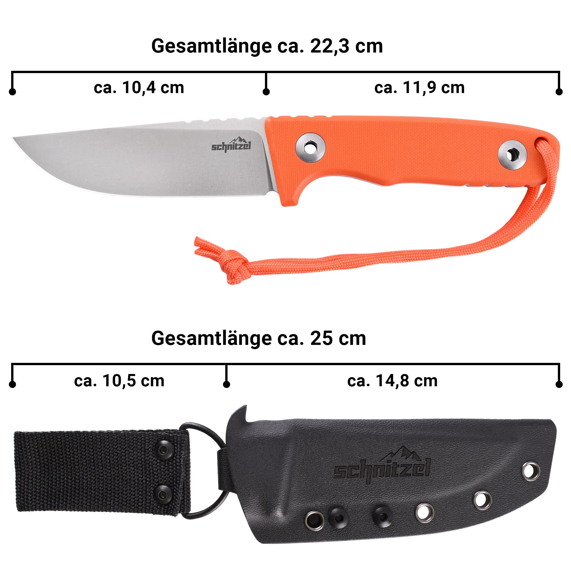 SCHNITZEL TRI - Outdoormesser mit Kydex-Scheide, Orange | Dangler-Tragesystem, Bushcraft, Camping, Wandern, Outdoor, Messer, Jagdmesser, Freizeitmesser, Erwachsene