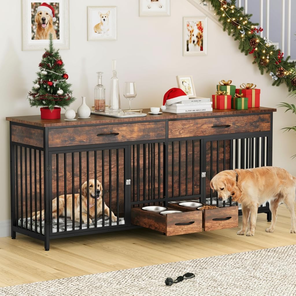DWVO 91.3" Double Dog Crate Furniture with Dog Feeder, Dog Kennel Furniture with Drawers, Indoor Dog House TV Stand with 2 Room Divider for 2 Medium Large Dogs, Brown - Image 1 of 8