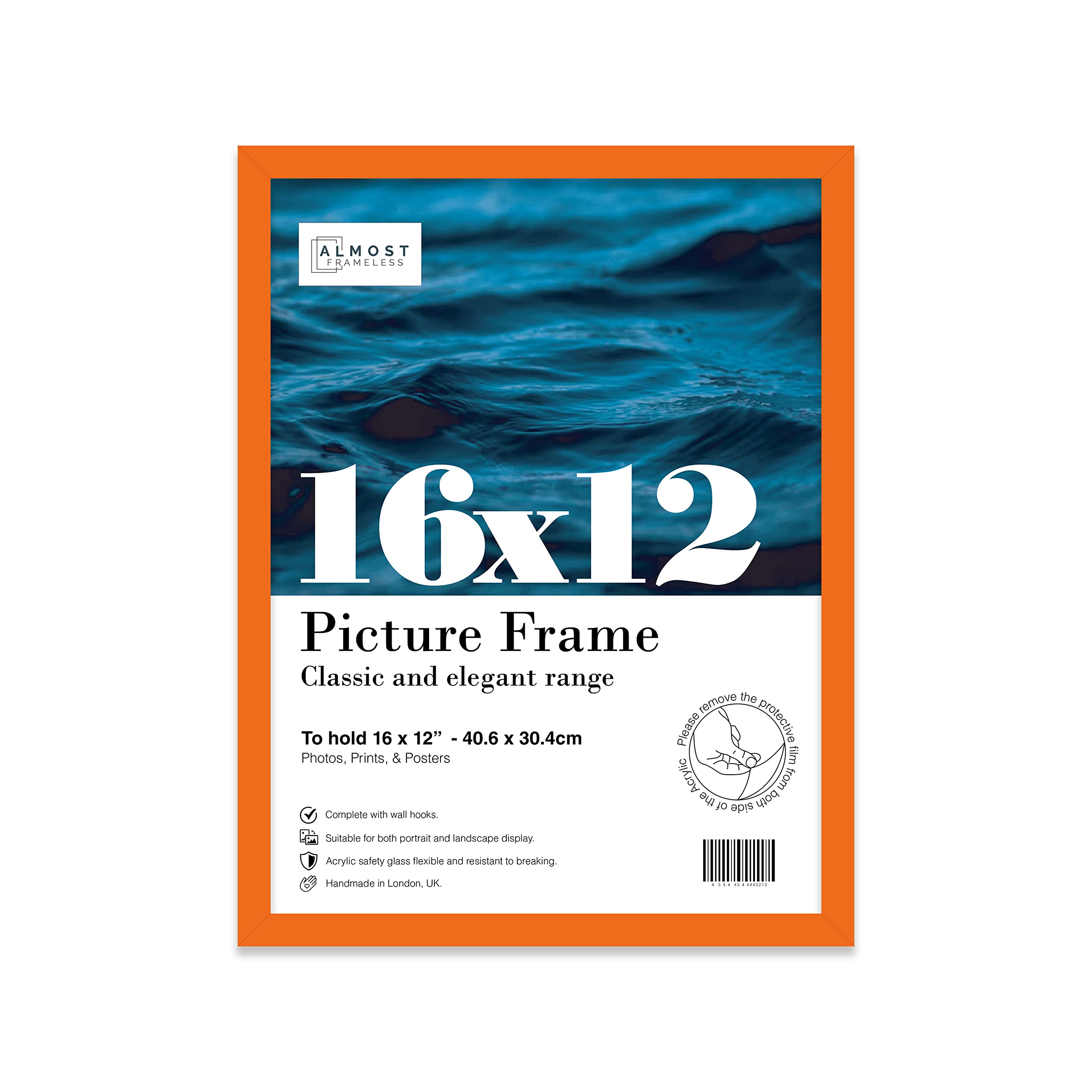 Almost Frameless 16x12 Orange Picture Frame 16"x12"(40.6x30.5cm) Poster, Photo, Artwork, or Print. Thin Edge Slim Frame Portrait and Landscape Display with Wall Hooks