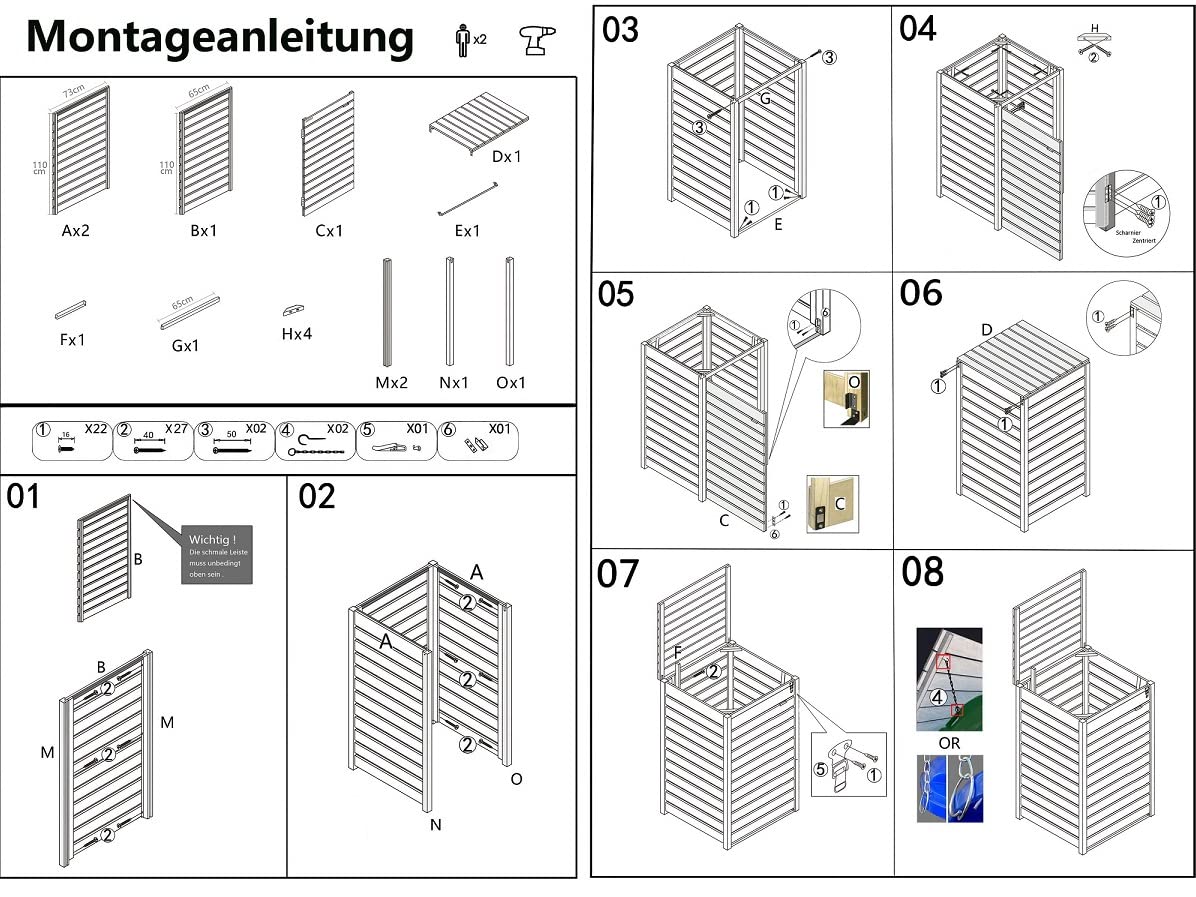 Mülltonnenbox Mülltonnenverkleidung Mülltonnecontainer Holz 120L - 240L Natur mit Rückwand Modell HH (3 Tonnen)
