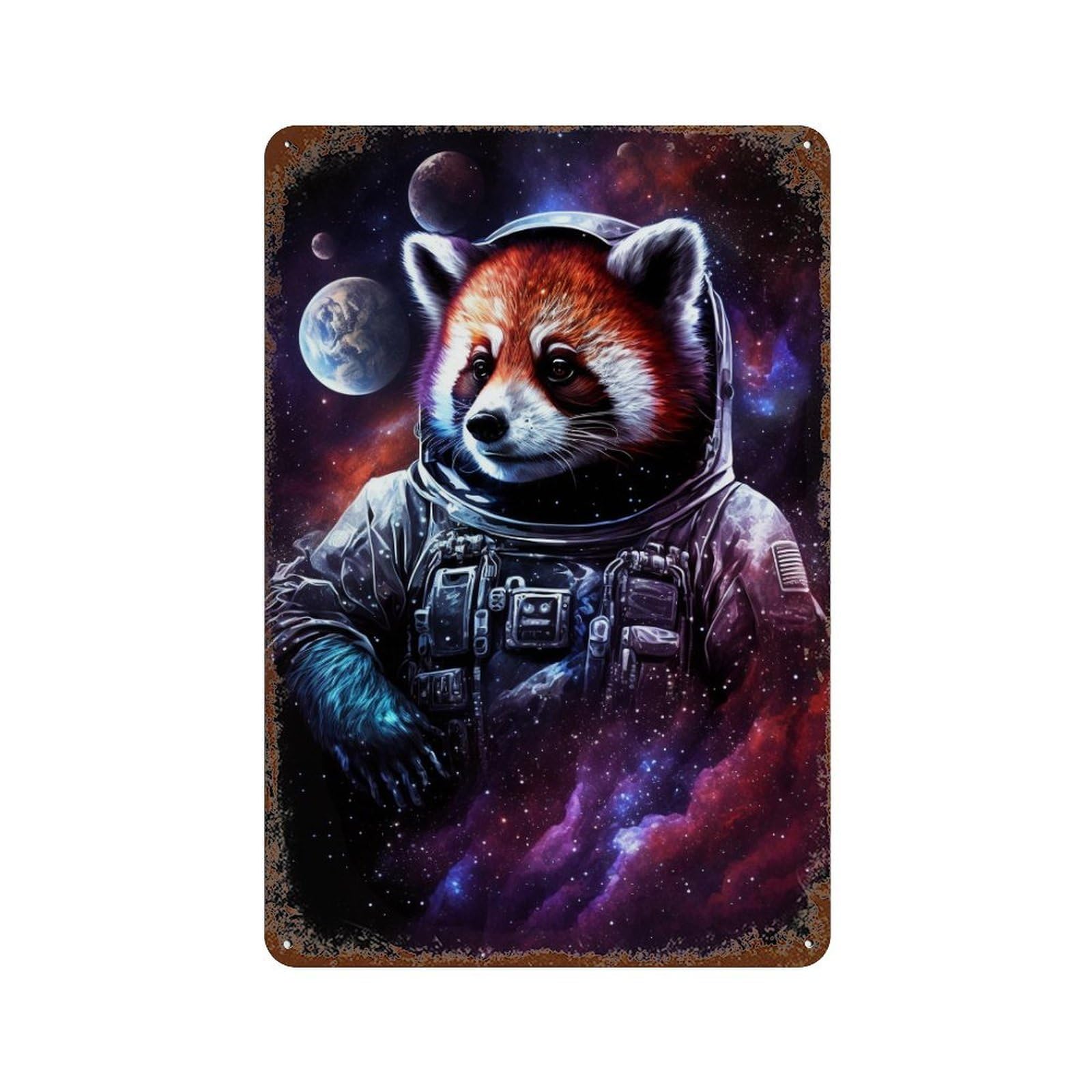 Rust Effect Red Panda Astronaut Space Art Print Retro Metal Sign 11.8"x7.9", Farmhouse Wall Decor for Living Room, Hallway And Home Decor