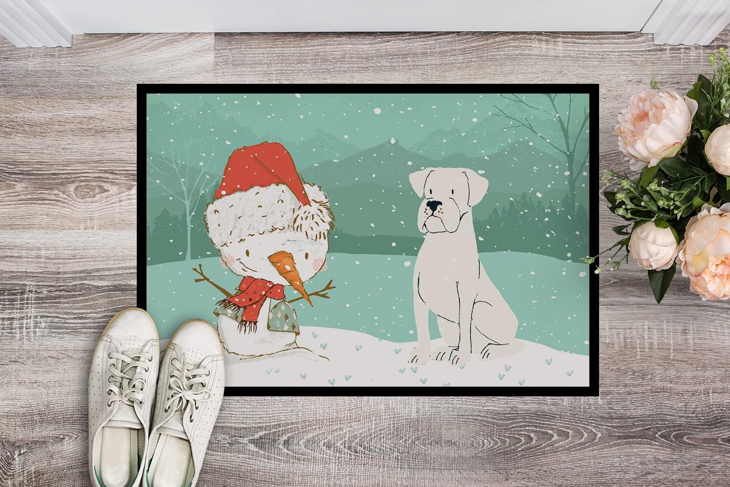 Caroline's Treasures CK2034JMAT White Boxer and Snowman Christmas Doormat 24x36 Front Door Mat Indoor Outdoor Rugs for Entryway, Non Slip Washable Low Pile, 24H X 36W
