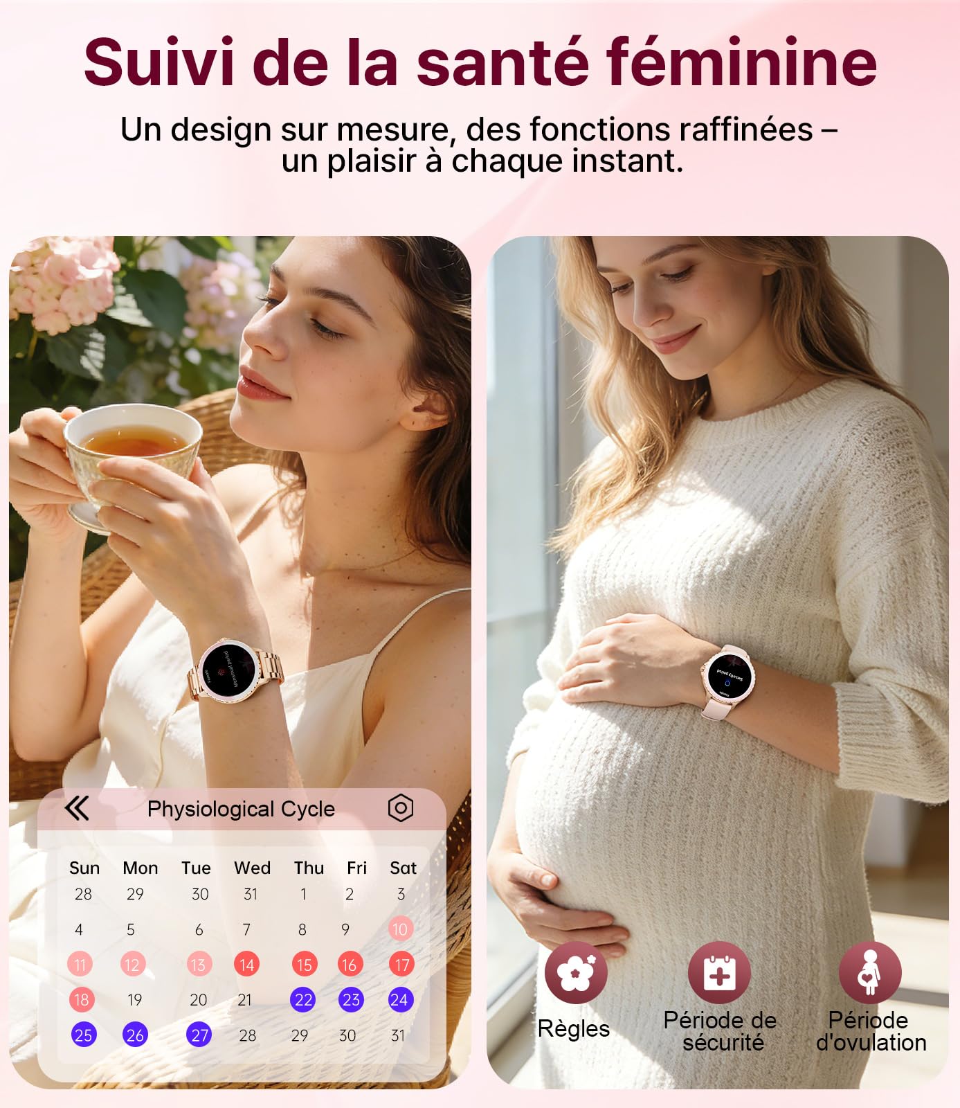 Montre Connectée Femme Ronde, 1,27" Smartwatch Femme avec Appel Bluetooth, Montre Intelligente Santé Féminine Fréquence Cardiaque SpO2 Sommeil Montre Fitness Podomètre, Or Rose
