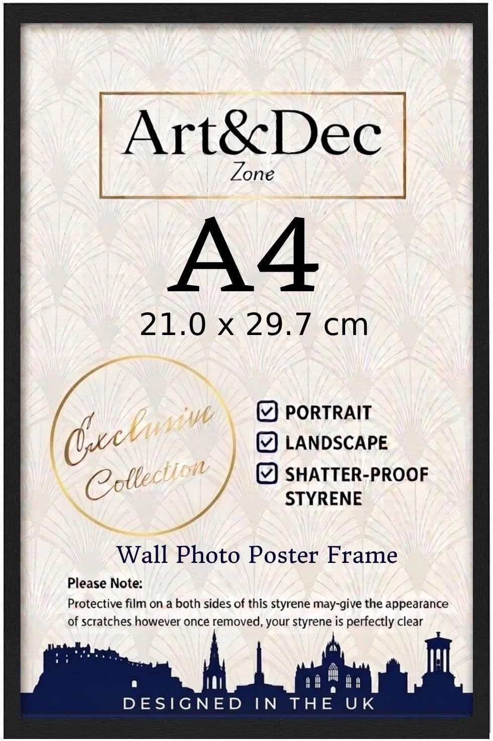 Art & Dec Zone® Sleek Black MDF Picture Frame A4 21 x 29.7 cm (2 Pack) – High-Clarity Shatter-Proof Acrylic Poster Holder for Modern Wall Decor
