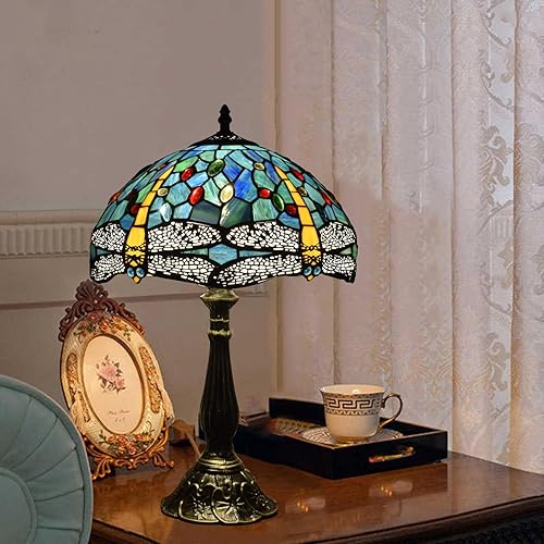 Miniatura 3 de Tiffany - Lámpara de mesa de libélula azul para sala de estar, pantalla de vitral, mesita de noche, lámparas de mesa para dormitorio, con bombillas