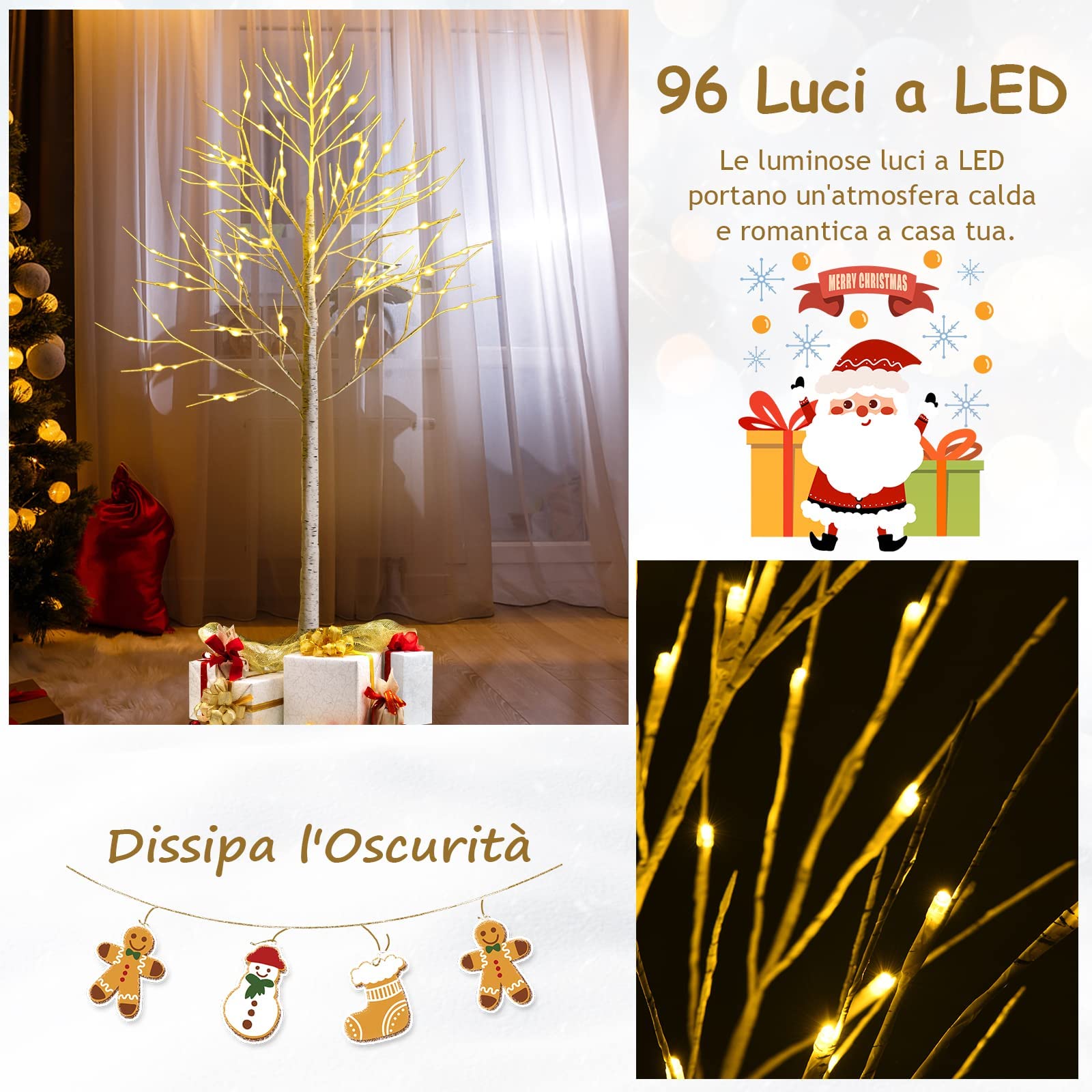 RELAX4LIFE Albero di Natale Nudo 180 cm con LED, Albero Realistico Con Rami Nudi senza Foglie in PVC, 96 Luci LED Bianco Caldo, Tronco Intero con Base di Radici per Feste, Bianco (180 cm)