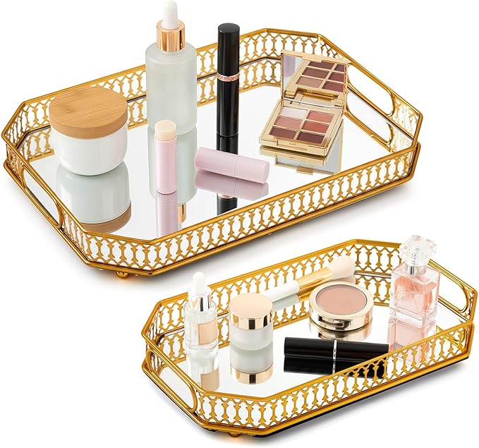 2 Pcs Vanity Tray Set for Dresser, Gold Mirrored