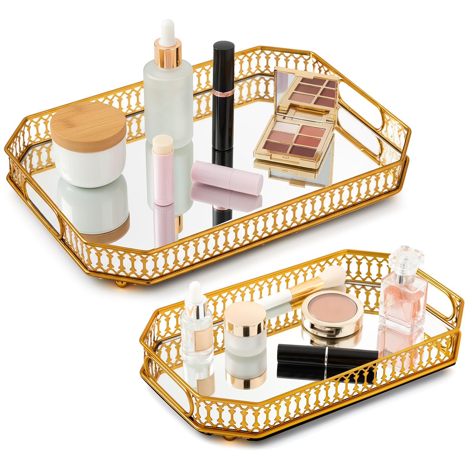 Photo 1 of Fiwochic 2 Pcs Gold Mirror Vanity Tray Set for Dresser, 2 Sizes Decorative Tray with Handles, Vintage Bar Cart Accessories, Non Slip Perfume & Jewelry Organizer for Bathroom, Bedroom, Bar Cart Decor