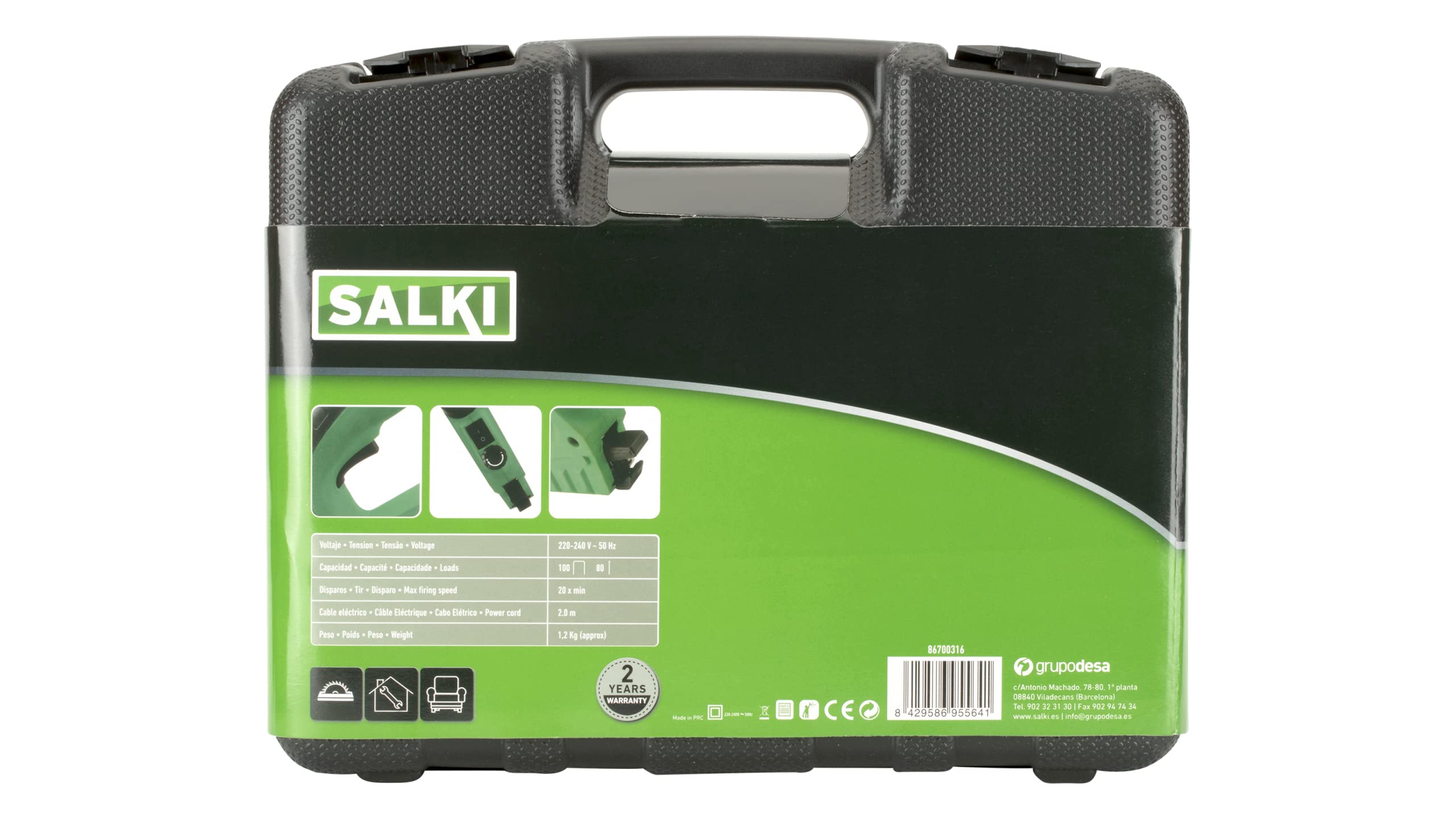 SALKI Grapadora Manual Eléctrica E-TSK Dual – Clavadora y Grapadora de Doble Función, Compatible con Grapas nº 53 y Clavos Brad nº 8, Regulador de Fuerza, 20 Disparos/min, Incluye Grapas y Clavos