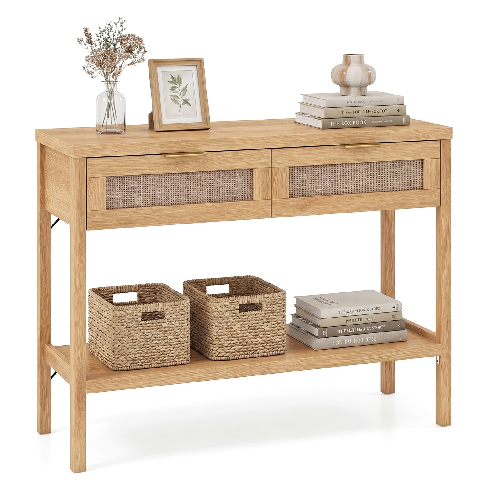 COSTWAY Tavolo Consolle, Tavolino da Divano in Legno con Doppio Cassetto, Ripiano Inferiore e Ampio Piano, Kit Antiribaltamento, Consolle per Ingresso, Corridoio e Soggiorno (Naturale)