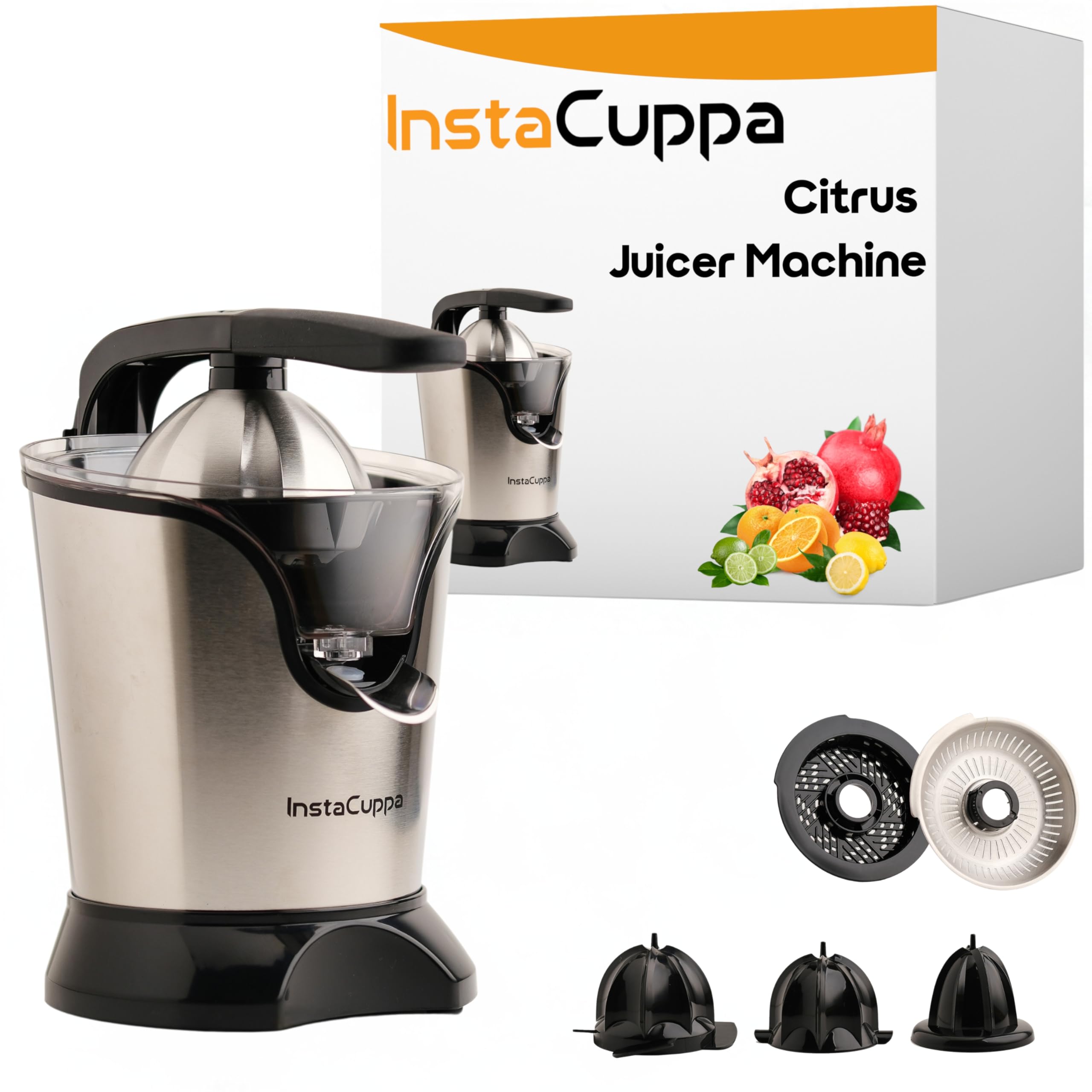 InstaCuppa Citrus Juicer Electric for Busy Moms, Quiet Copper DC Motor Juice Machine, 3 Cone Sizes, Effortless Ergonomic Handle, BPA-Free, Easy To Clean, 1-Year Warranty, 180 Watts