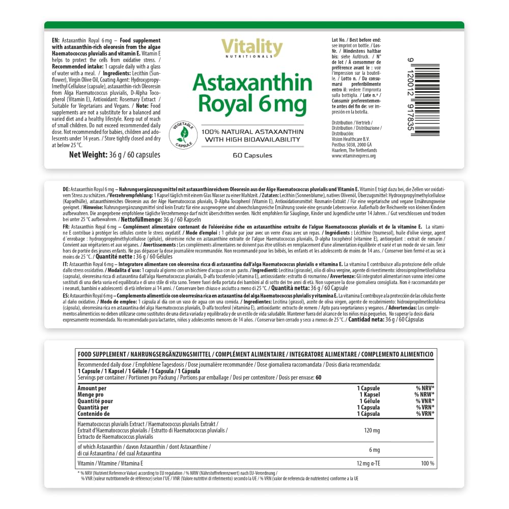 Astaxanthina Naturale, Complesso Antiossidante, 6 mg di Pura Astaxantina Naturale in Polvere dalle Alghe con betacarotene, Antiossidante. Astaxanthin Royal Vitality Nutritionals