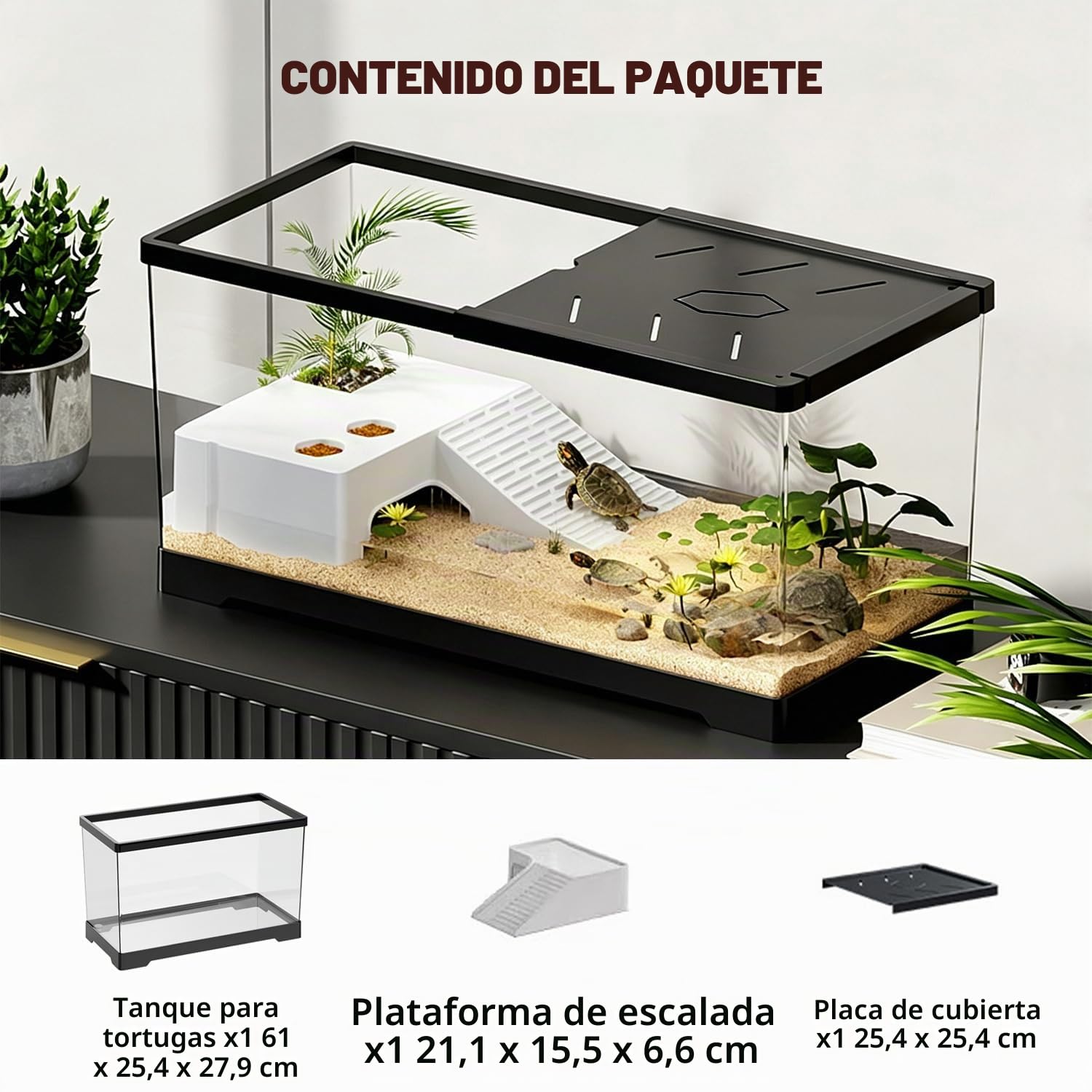 Acuario para animales acuáticos y tortugas 24" x 10" x 11", terrario de reptiles de 11 galones con área para tomar el sol y drenaje en el fondo, hábitat para tortugas jóvenes, cangrejos de río