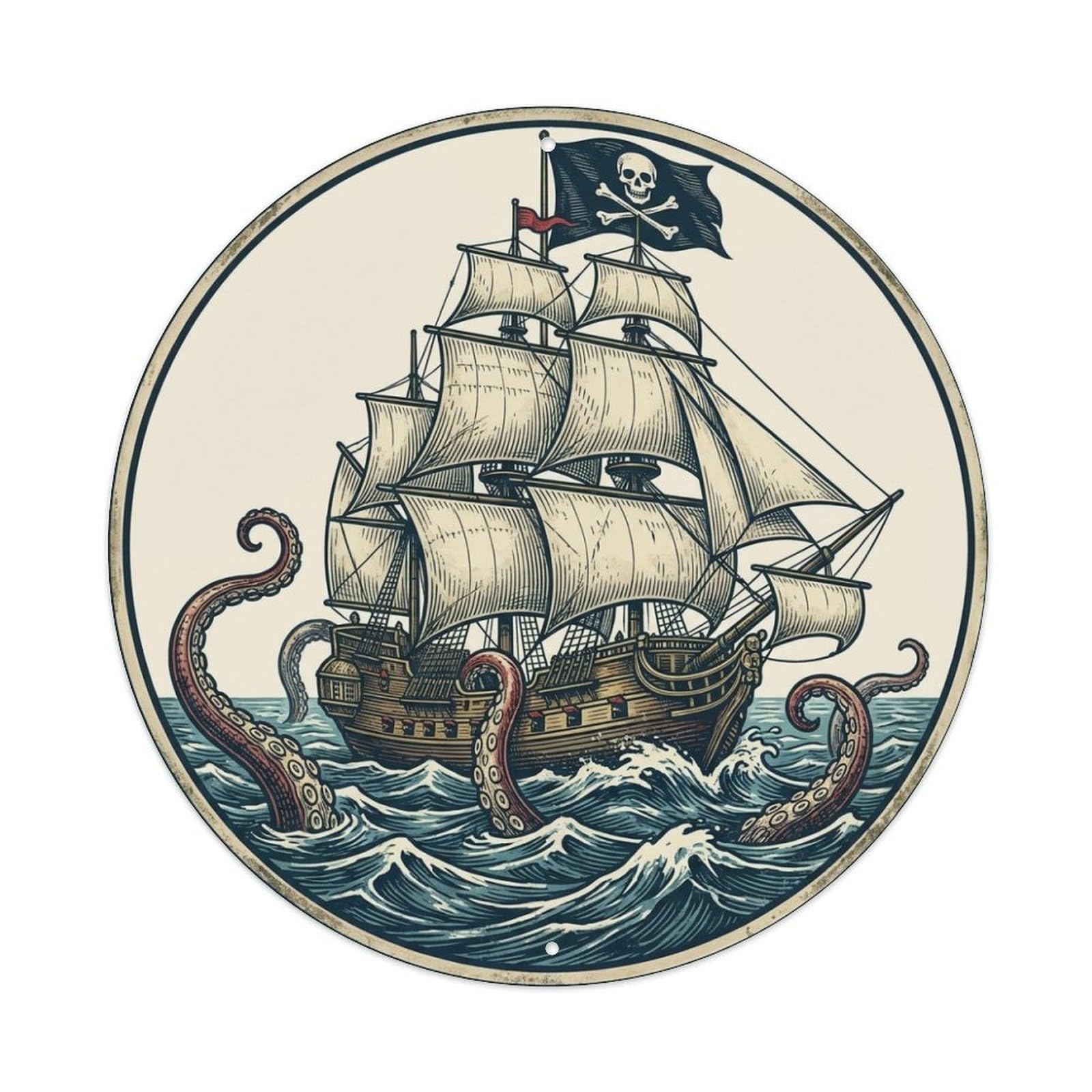 Pirate Ship Kraken Waves Flag High Seas Mark Metal Tin Sign
