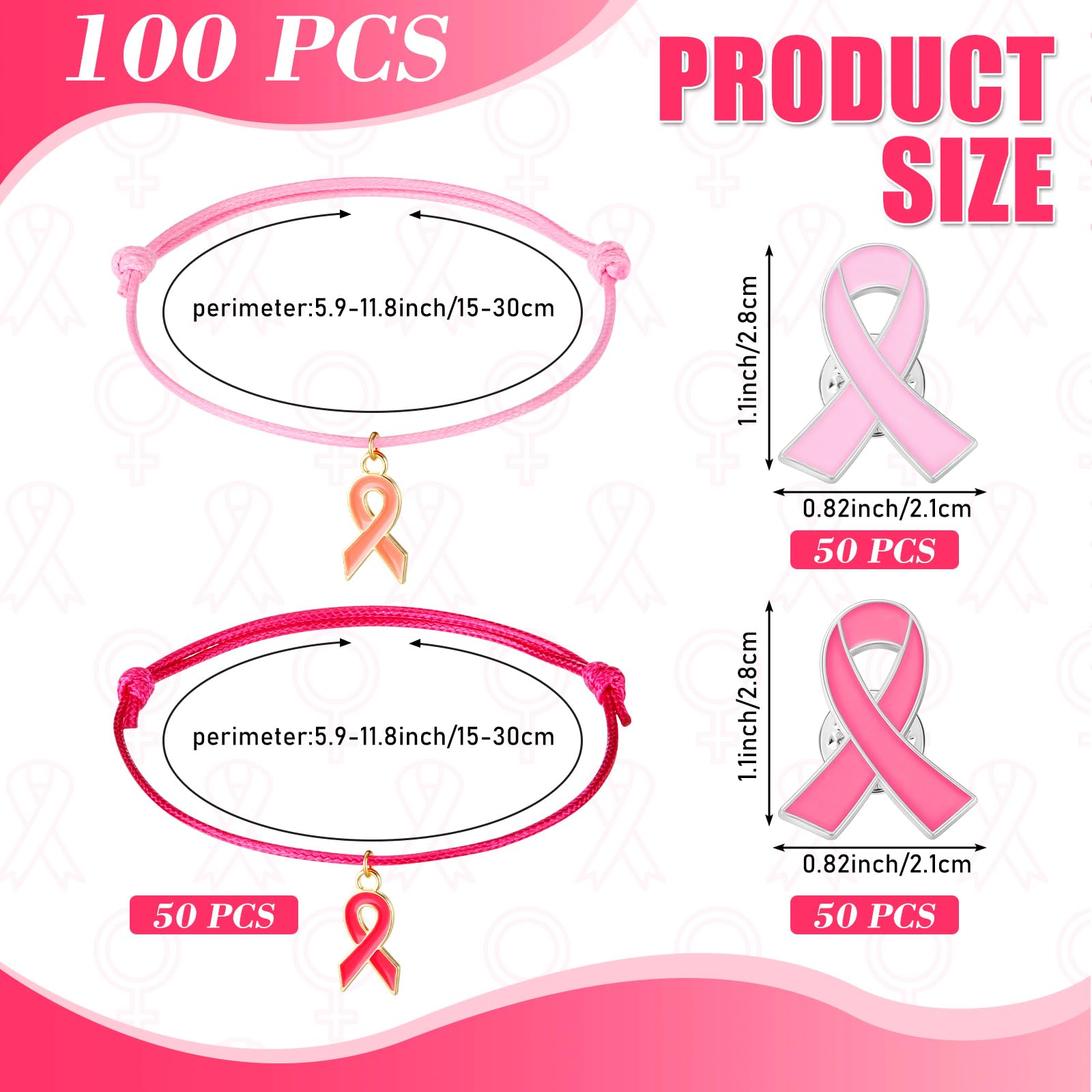 Huquary 100 spille per la sensibilizzazione sul cancro al seno, braccialetto intrecciato con nastro regolabile, spilla smaltata, accessori ispiratori, regalo per donne, combattente contro il cancro