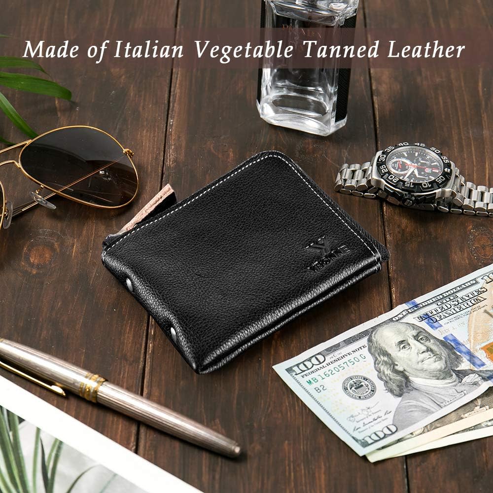 YBONNE Small Mini Corner Zip Wristlet Wallet for Men and Women, Handmade with Italian Vegetable Tanned Leather (Black)