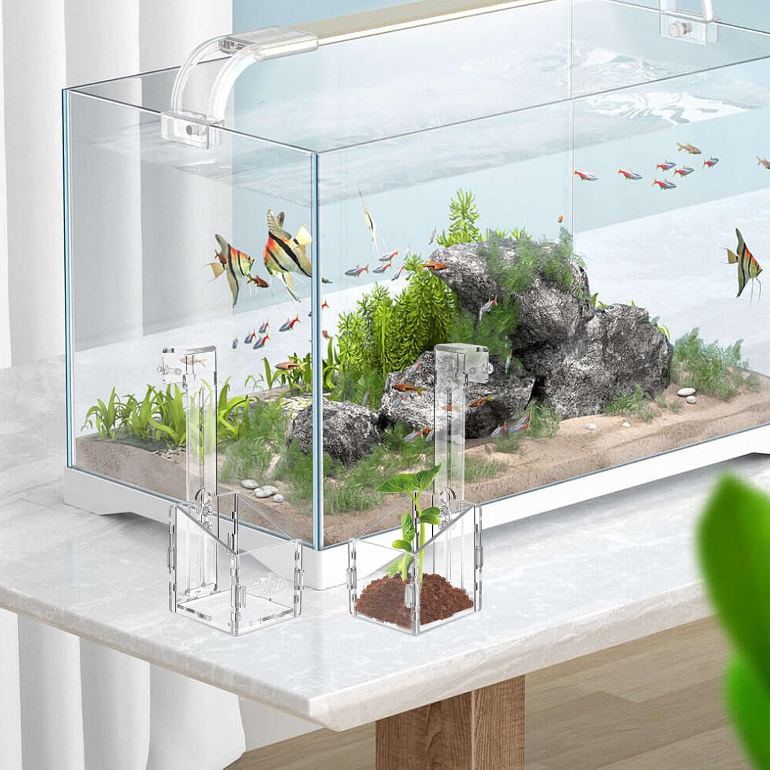 Milisten Aquarium Plant Holders 4 Pack Transparent Acrylic Aquatic Planter Cups with Hooks for Easy Hanging Fish Tank Plant Holder and Growth Observation