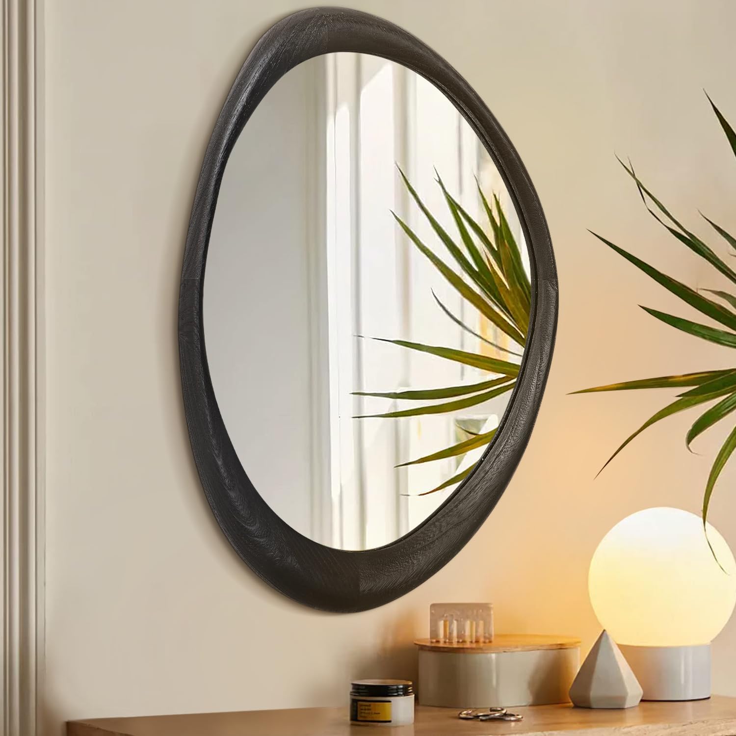 AAZZKANG Irregular Mirror Black Asymmetrical Wall Mounted Mirrors with Modern Wood Frame Large for Bathroom Bedroom Living Room Entryway 60L x 40W cm