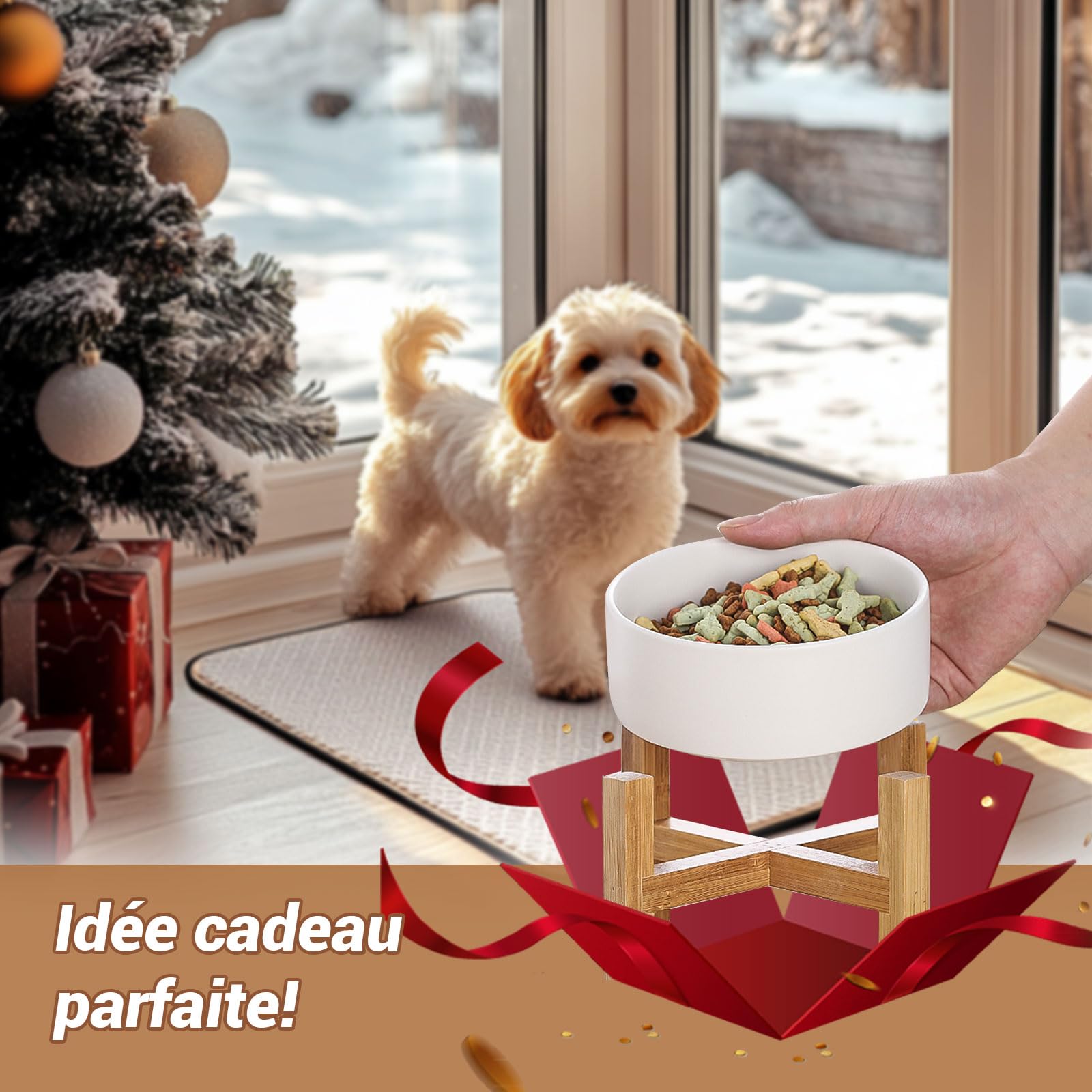 Gamelles surélevées en céramique Blanche pour Chat avec Support, gamelles surélevées pour Nourriture ou Eau pour Chats et Petits Chiens avec Coussinet en Caoutchouc antidérapant, Anti-Stress pour