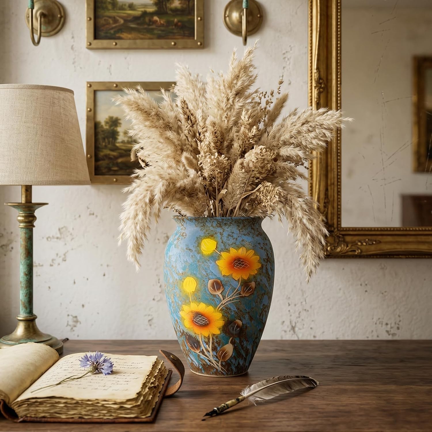 12 Inch Ceramic Flower Vase with Drainage Hole, Decorative Vase for Indoor & Outdoor Use, Available in Blue & Rust Color, Includes Rubber Stopper & Mesh Pad