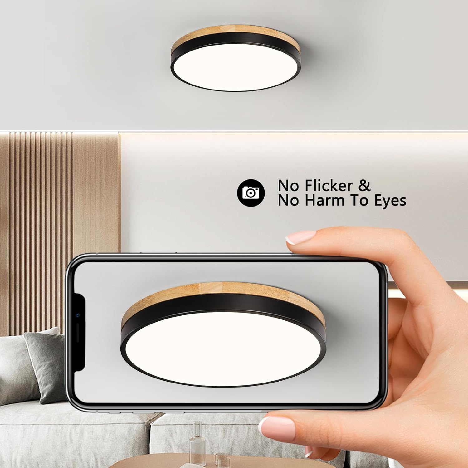 Round LED Flush Mount Ceiling Light, Modern Wood Ceiling Light, Minimalist Ceiling Lamp Black Ceiling Lighting Fixtures for Kitchen Bedroom Laundry Room Living Room Entryway Hallway&11.81 in