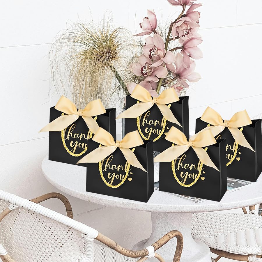 Nimbbex 50Pack Thank You Bags with Handles, 5.5x4.7x2.5 Inches Small Gift Bags with Bow Ribbon, Mini Party Favor Bags for Wedding Baby Shower Birthday (Black) - Image 6