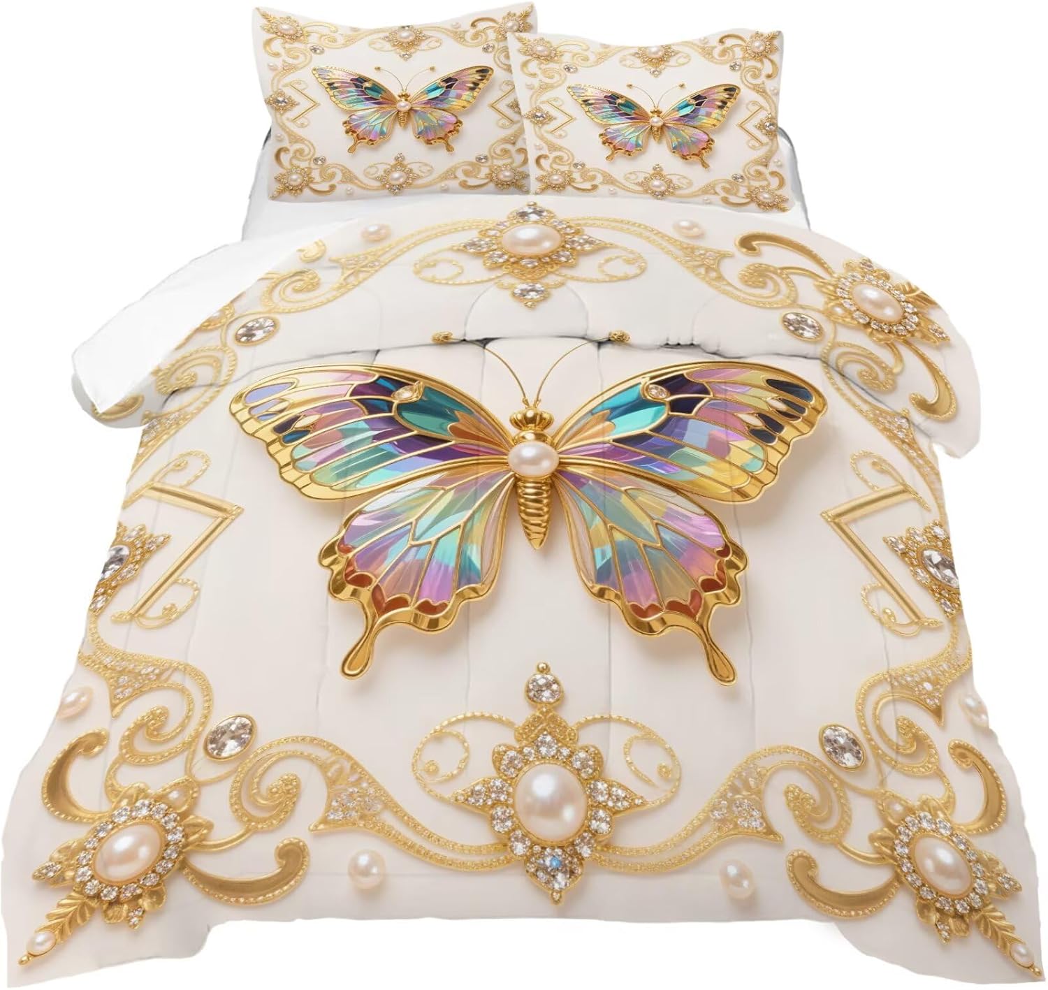 Gold Butterfly Comforter Set Queen: Animal Bedding Sets for Kids Teens Girls Women 3D Colorful Diamond Butterflies Quilt Bedroom Decor 1 Comforter 2 Pillowcases