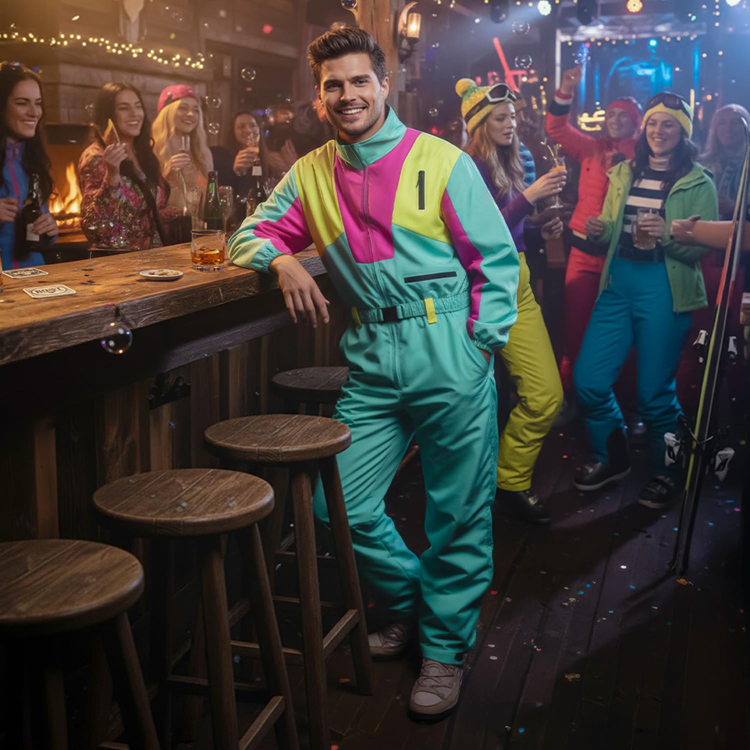 Boland – Combinaison de ski rétro, brille sous la lumière noire, costume des années 80 pour hommes, tenue pour après-ski, costume pour carnaval