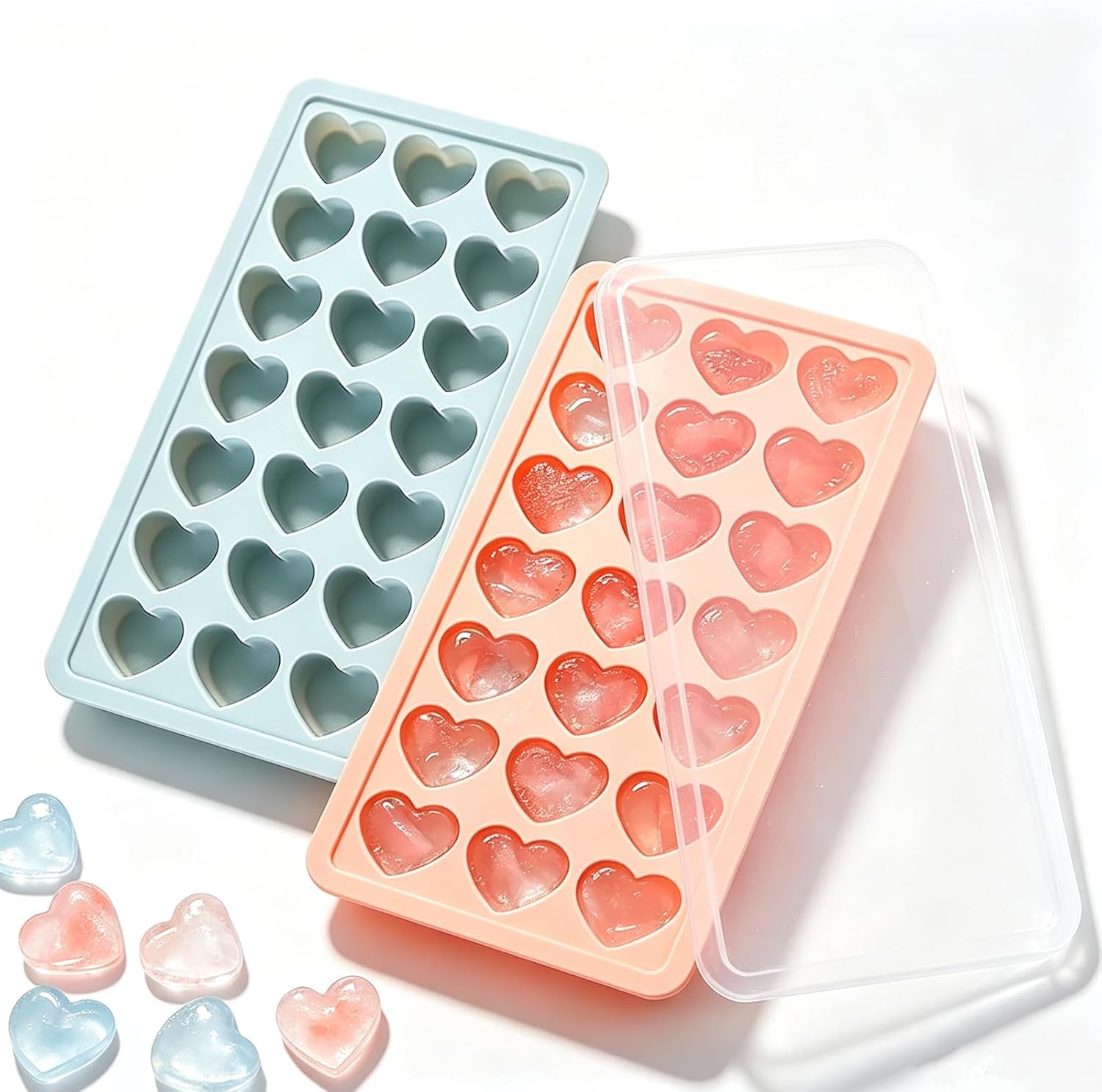 2 Pack Heart-Shaped Ice Cube Trays with lid and bin - 48 Holes Silicone Mini Heart Ice Cube Tray, BPA Free and Dishwasher Safe, Fun Shape Ice Cube Mold, Easy to Remove