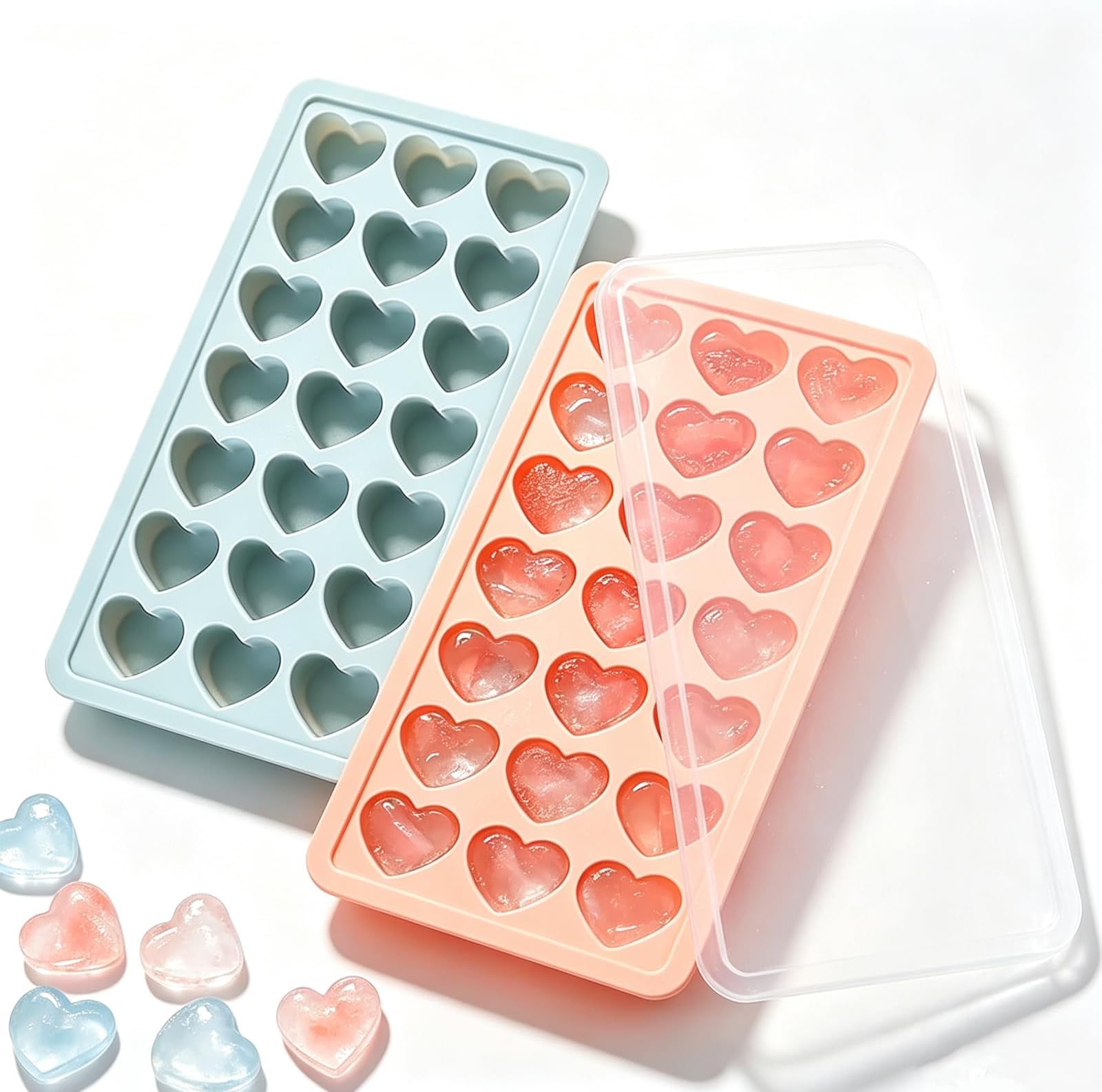 2 Pack Heart-Shaped Ice Cube Trays - 42 Holes Silicone Heart Ice Cube Tray with Lid, BPA Free and Dishwasher Safe, Mini Heart Shape Ice Cube Mold, Easy to Remove (Pink + Blue)