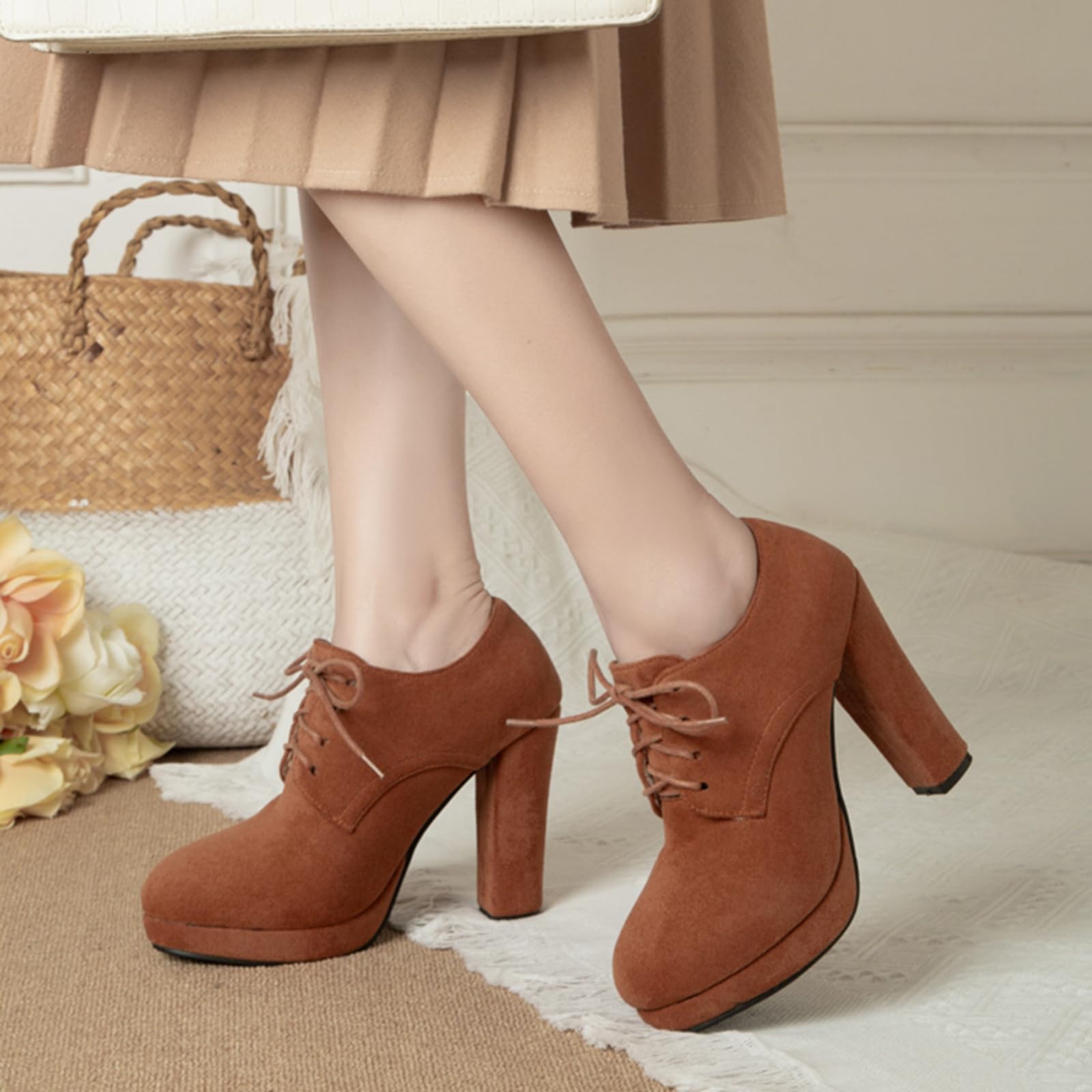 Onewus Damskie buty sznurowane w stylu vintage z wysokimi obcasami blokowymi, do biznesu/pracy