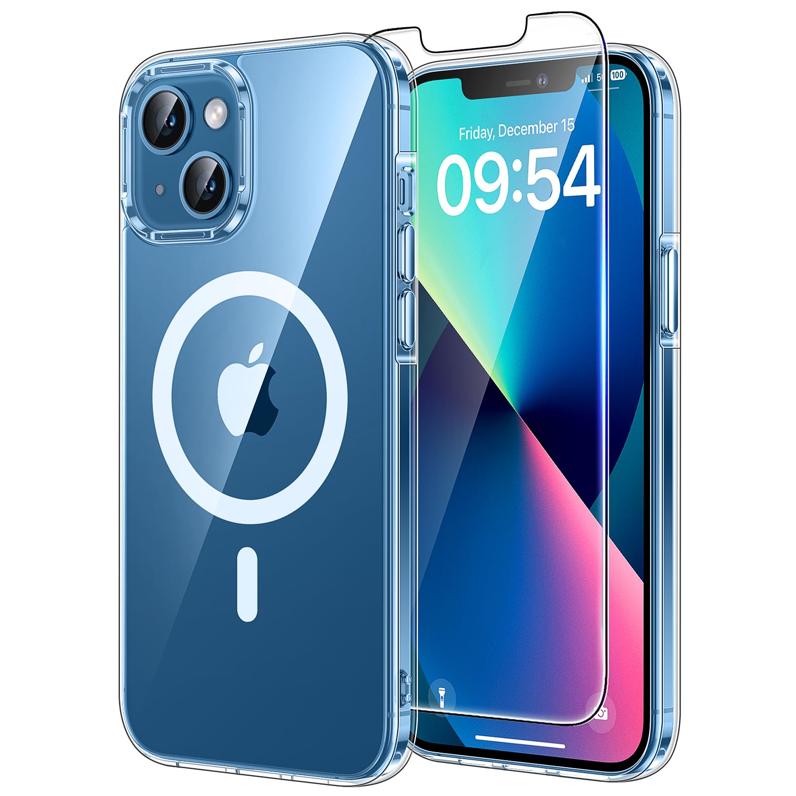 TAURI Cover per iPhone 13 Mini con Pellicola in Vetro Temperato,[Compatibile con MagSafe] Magnetica Custodia per Sottile Anticaduta - Trasparente