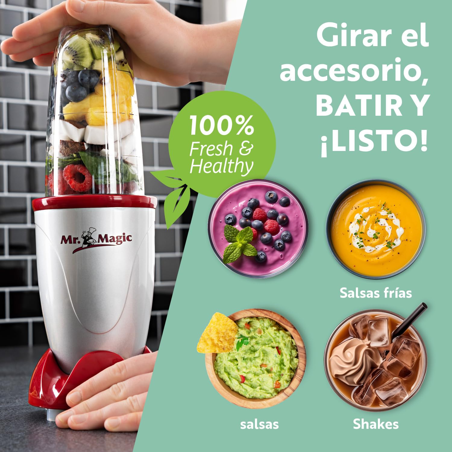 GOURMETmaxx Mr. Magic Mixer | Smoothie Maker con pack de accesorios XXL | Batidora de pie 18 piezas | Con tapas herméticas a prueba de fugas | Procesador de alimentos para batidos, smoothies, etc.