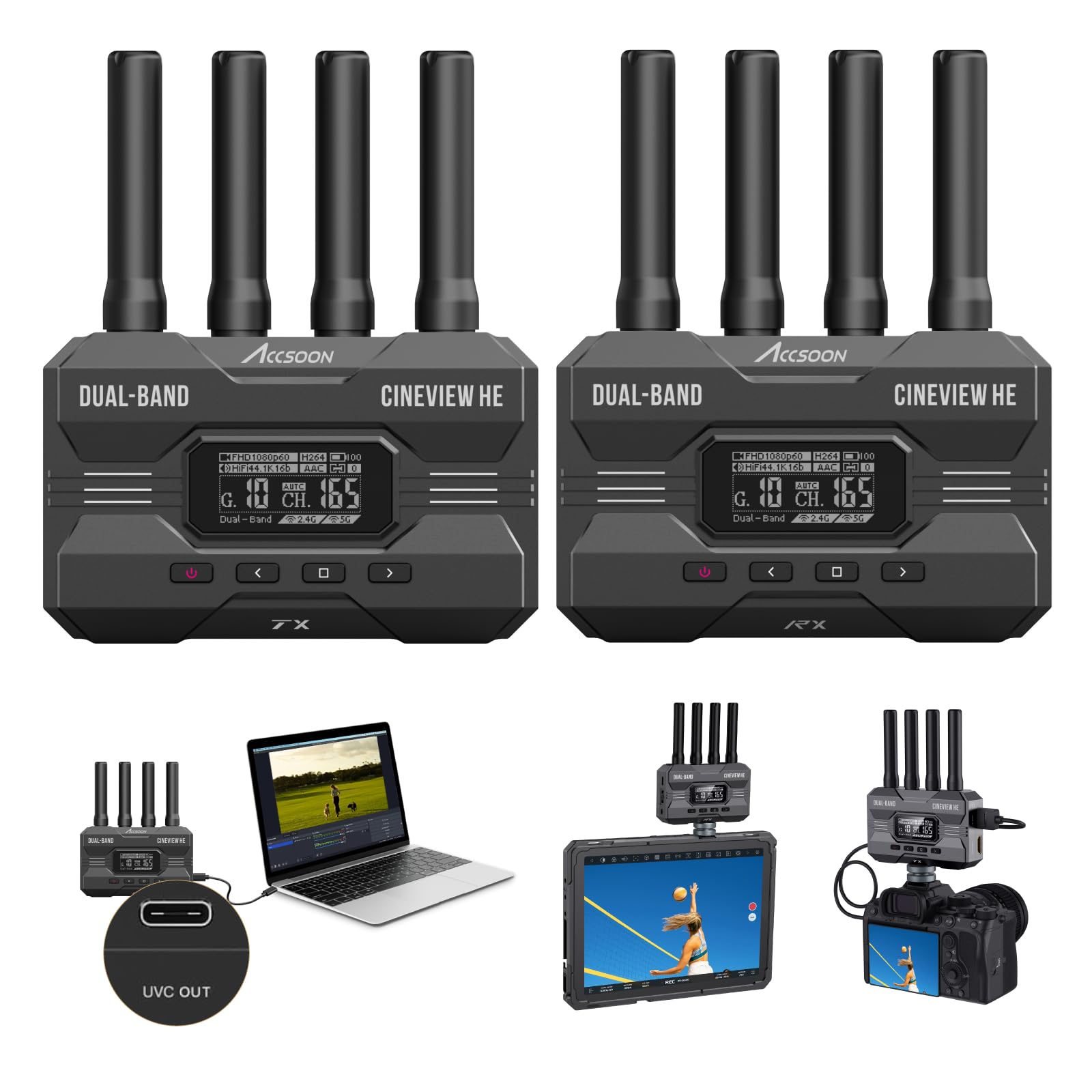 Accsoon CineView HE Wireless Video Transmitte&Receiver, 2.4+5Ghz, UVC Out for Live Streaming 1080p60 0.06s Latency 1200ft Range up to 4 Devices